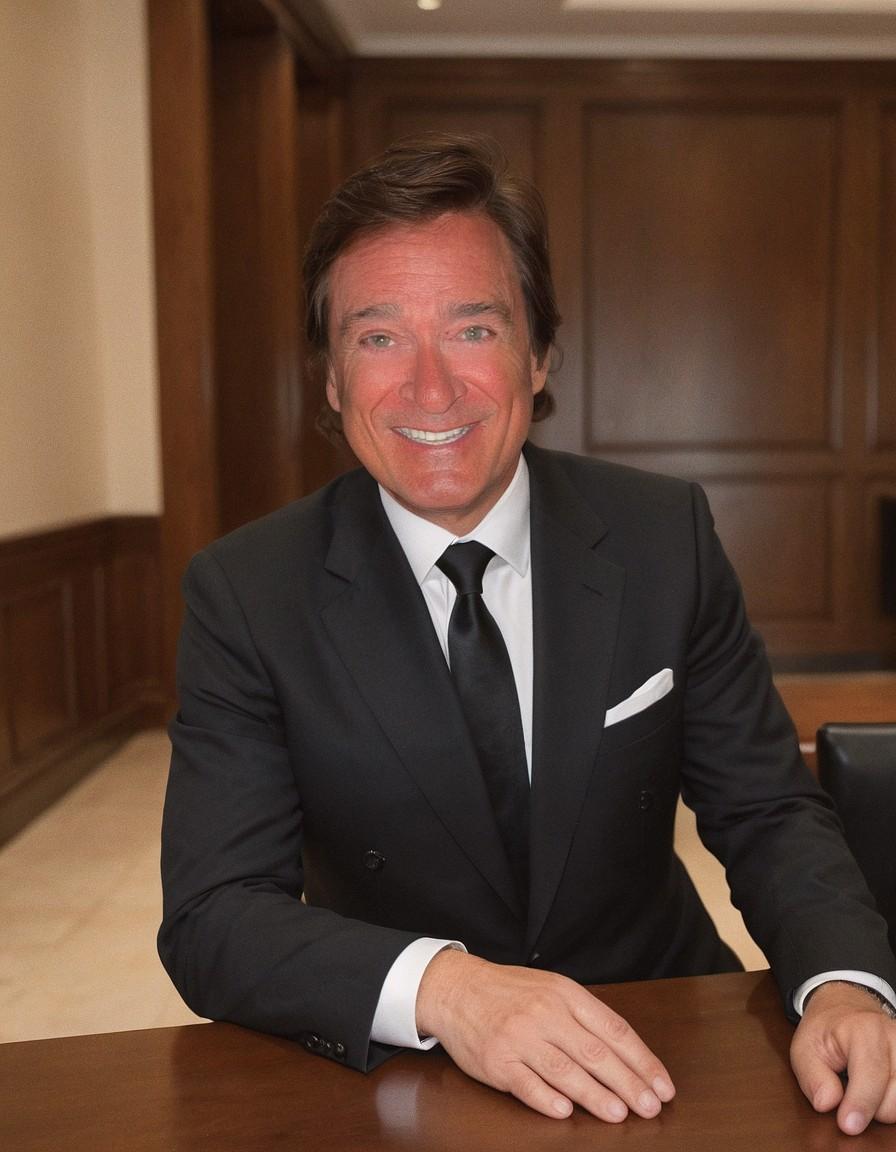 Smiling man in suit sitting at a wooden table.